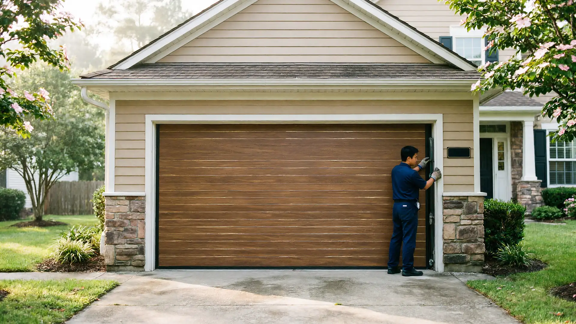 A technician in a blue uniform is working on a brown garage door.