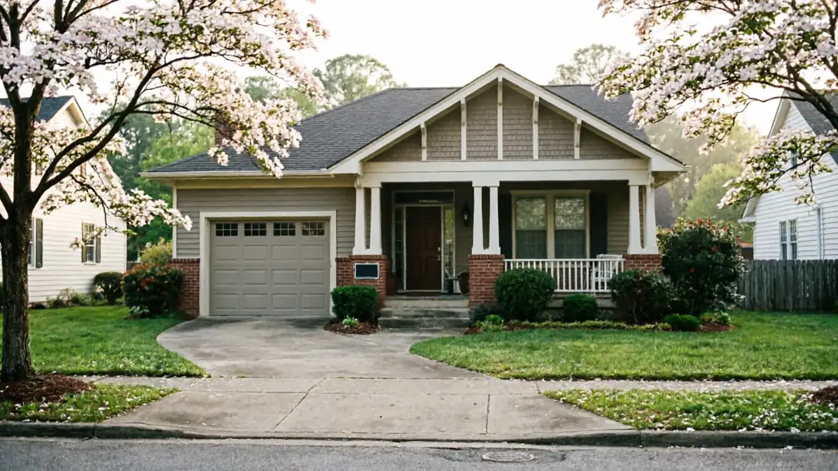 A gray house with a single garage door and a front porch.