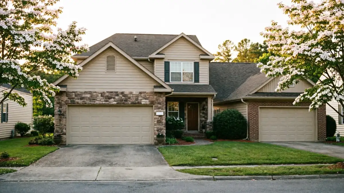 A two-story house with two beige garage doors and flowering trees.