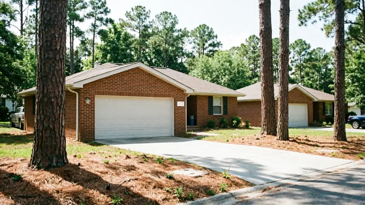 A white garage door on a brick house with pine trees and a driveway.