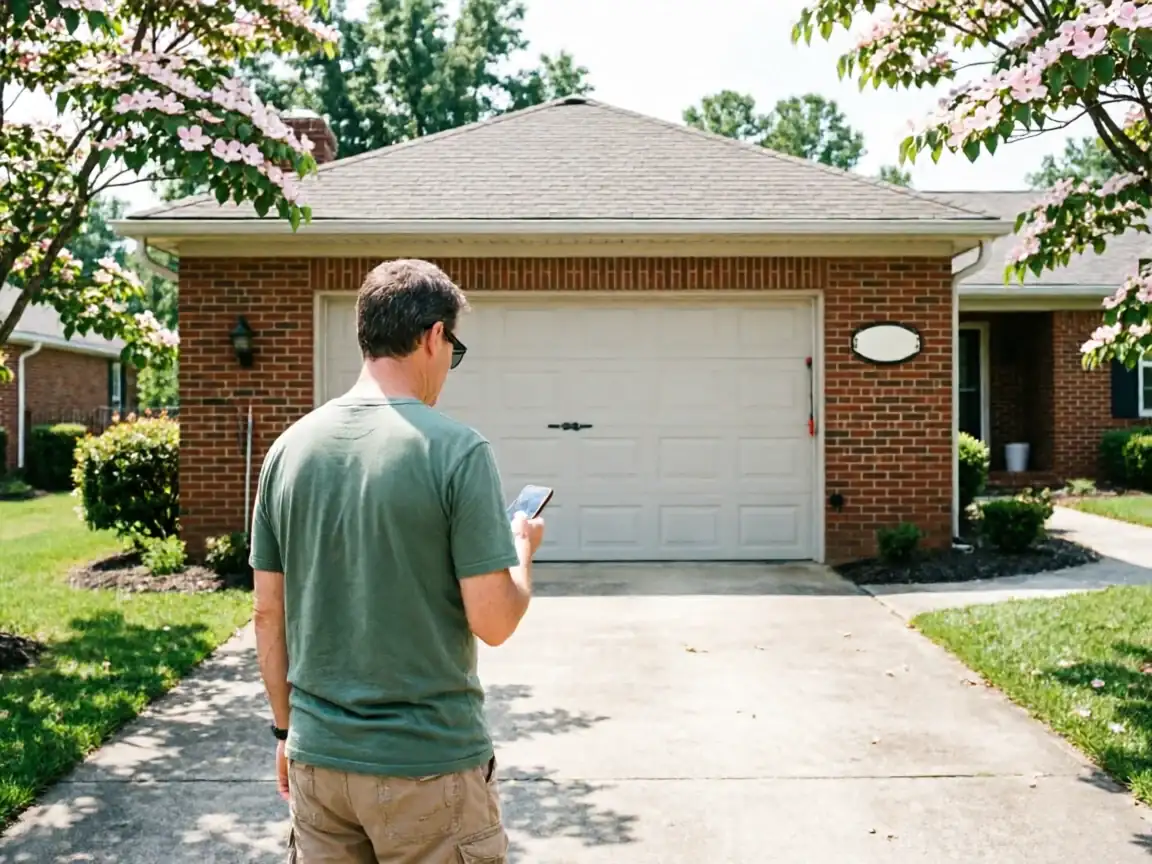 A man stands in a driveway looking at his phone in front of a garage.
