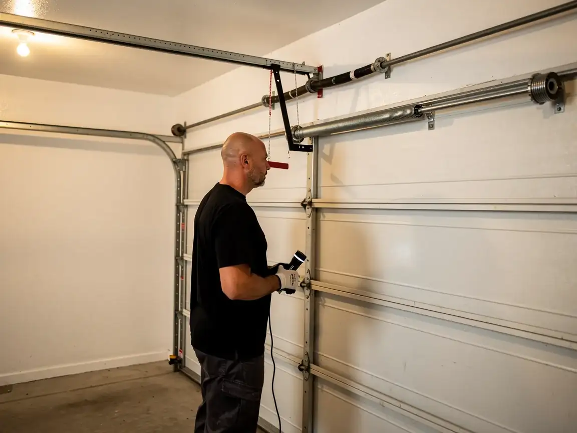 A technician works on a white garage door with visible springs and tracks.