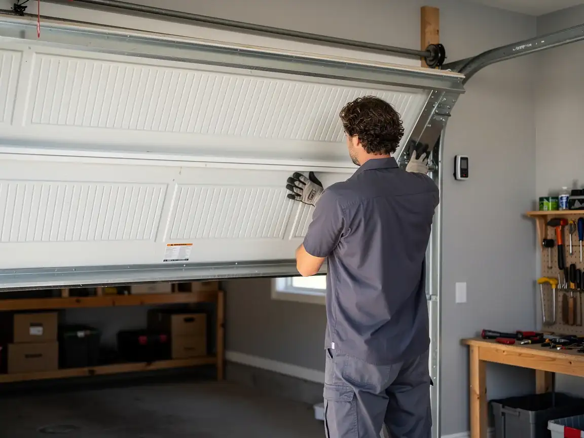 A technician in a gray uniform is working on a white garage door.