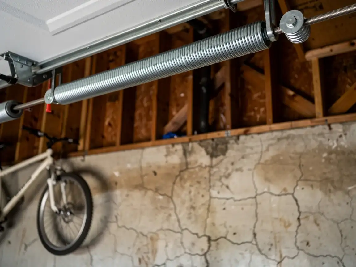 A garage door torsion spring is mounted above a cracked concrete wall.