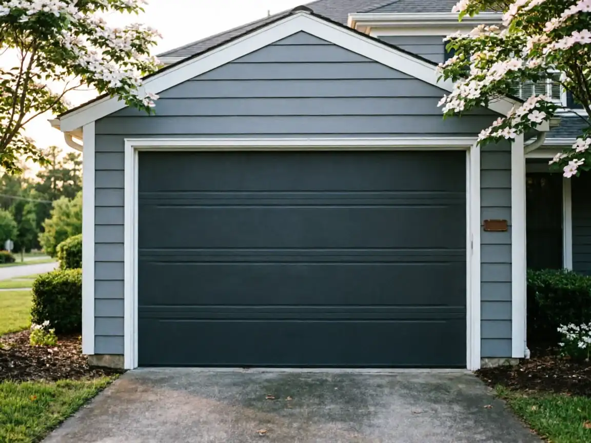 A dark gray garage door on a gray house with white trim and flowering trees.
