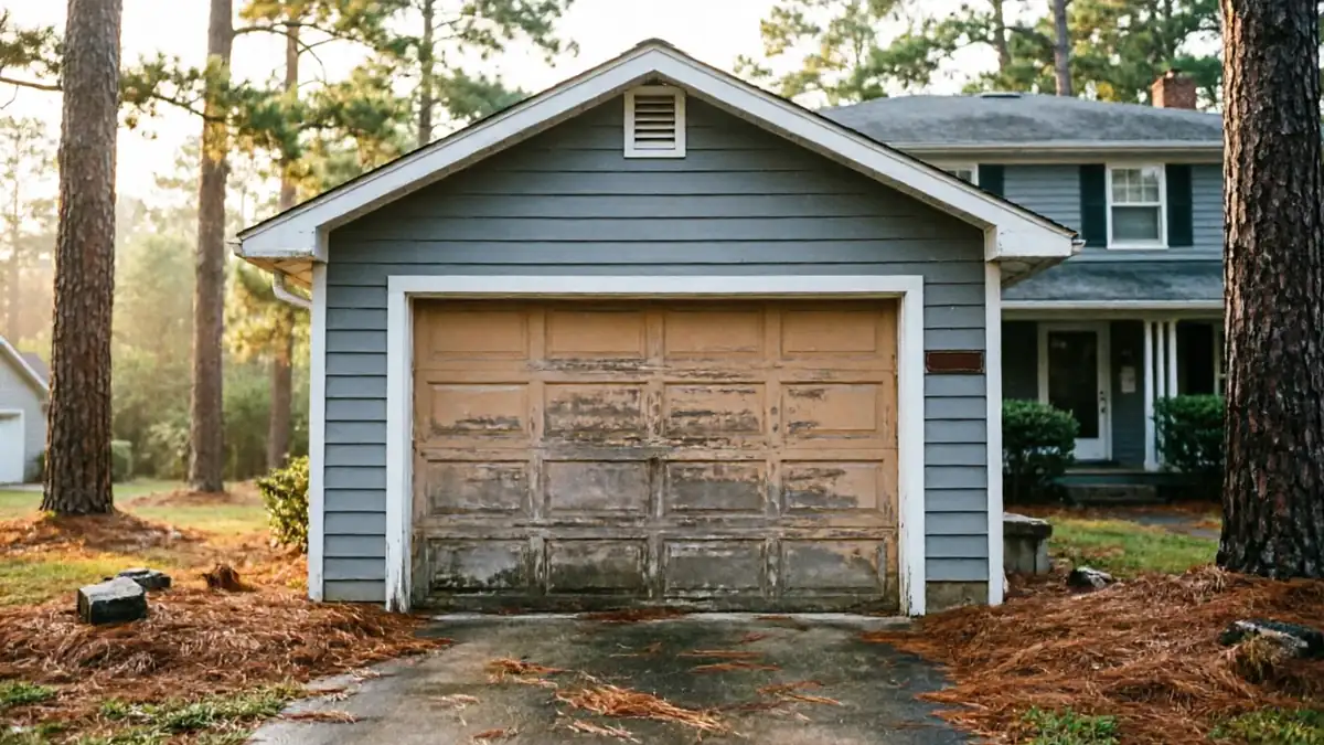A weathered brown garage door on a blue detached garage with a house behind it.